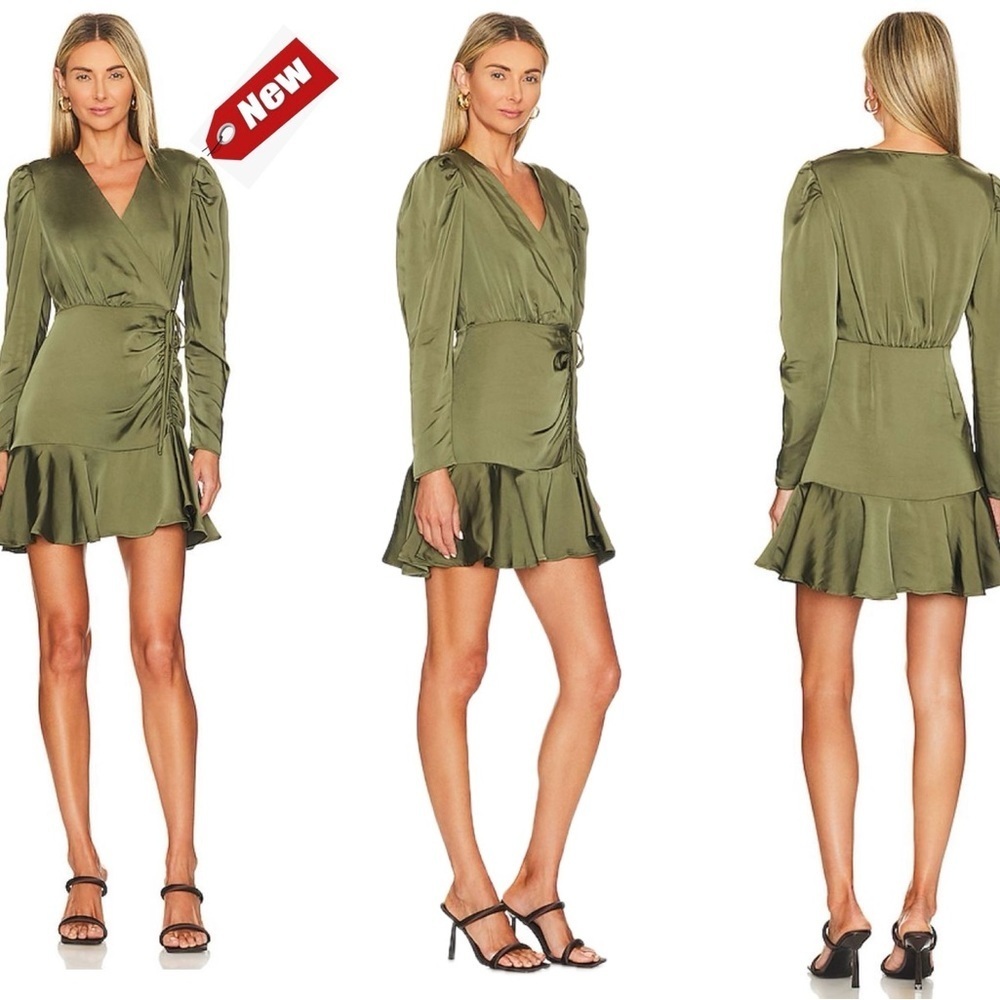 Steve Madden khaki olive green satin effect ruffle BB DAKOTA NYLA DRESS NWT